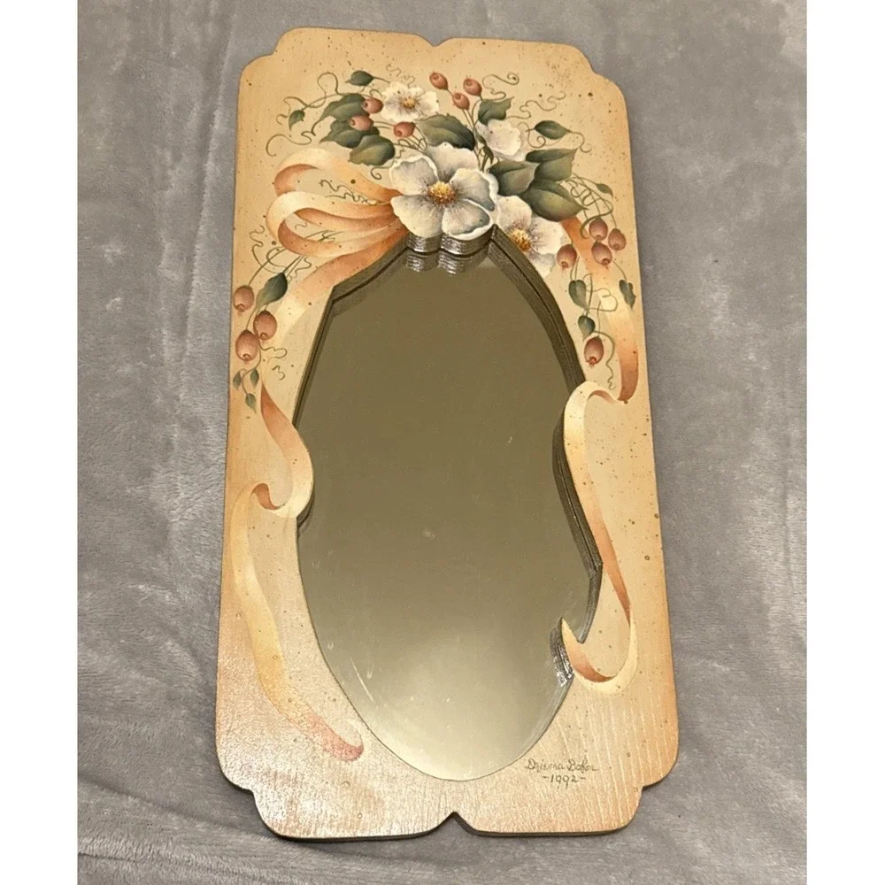 1992 Drienna Bohon Signed Hand Painted Floral Wood Mirror 'Reflections of Love'